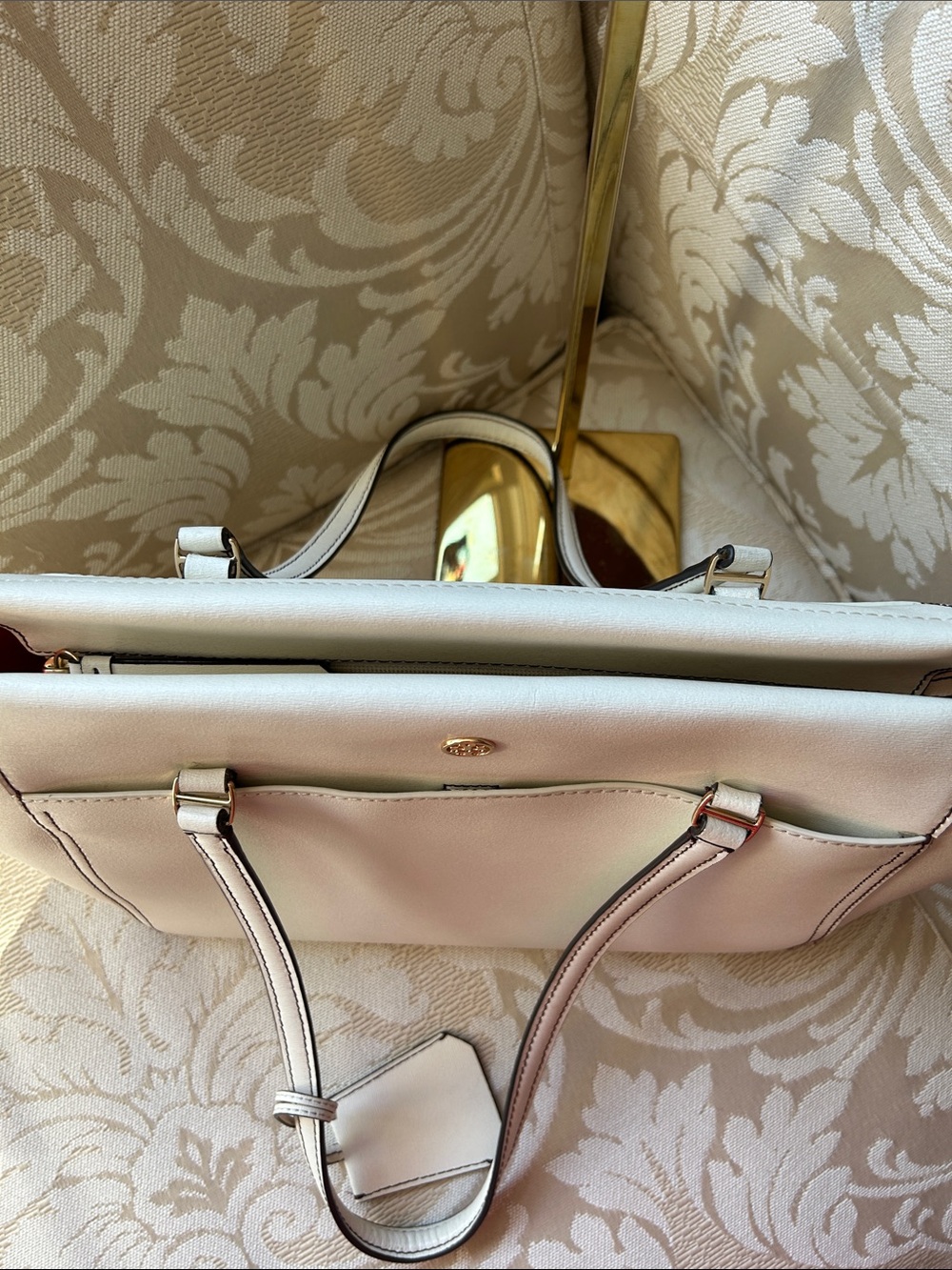 Tory Burch Robinson Cream Leather Double-Handle Tote with Gold Accents - Picture 12 of 14